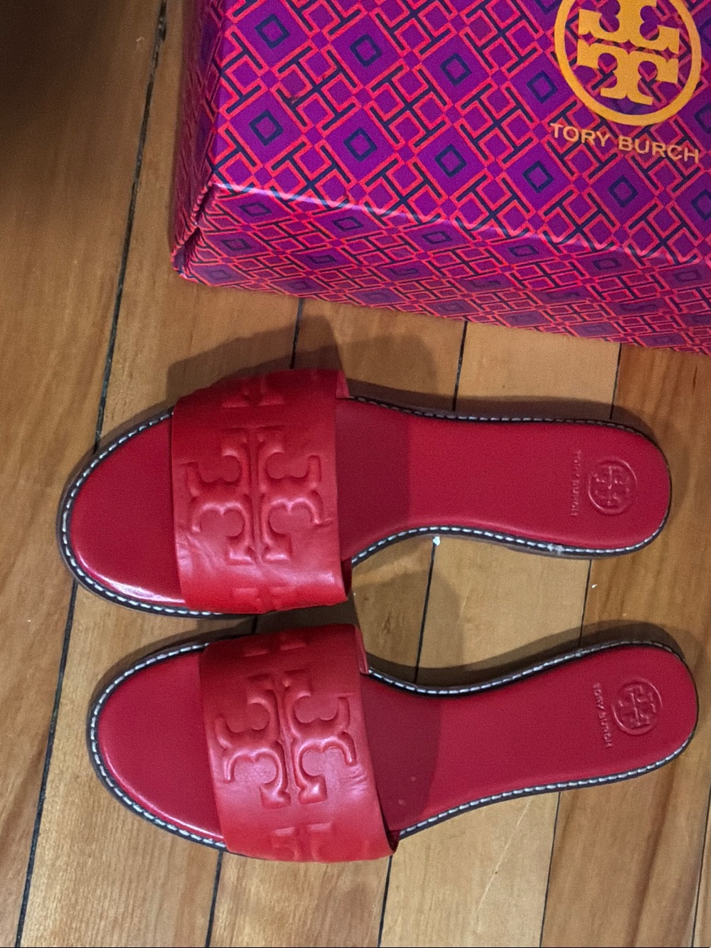 Tory Burch Red Embossed Logo Slide Sandals